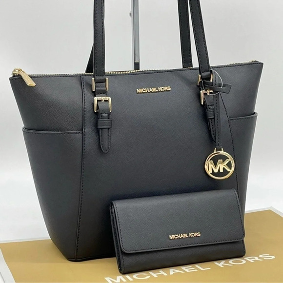 Michael Kors Large  Charlotte TZ Tote & Large  Trifold Wallet Black - Picture 2 of 12